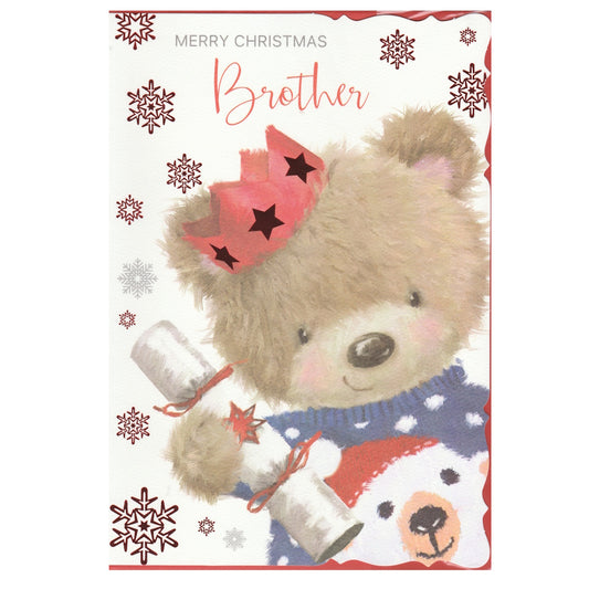 Front of this brother Christmas card features an illustration of a bear holding a Christmas cracker wearing a festive jumper, paired with a message.