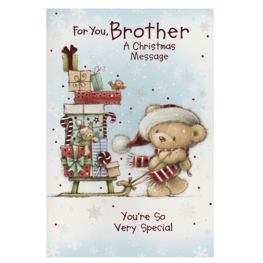 Front of this brother Christmas card features an illustration of bear pulling a sleigh full of Christmas presents, with a robin perched on top, paired with a message.