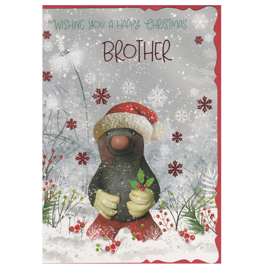 Front of this brother Christmas card features an illustration of mole wearing gardening gloves, with the text 'WISHING YOU A HAPPY CHRISTMAS BROTHER'.