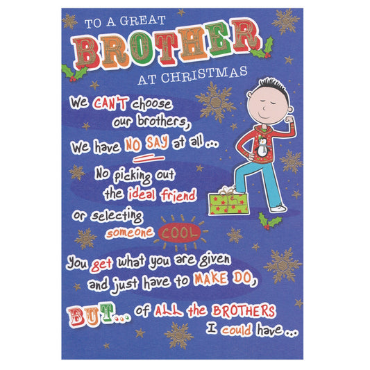 Front of this brother Christmas card features an illustration of a young boy wearing a Christmas jumper, paired with a message.