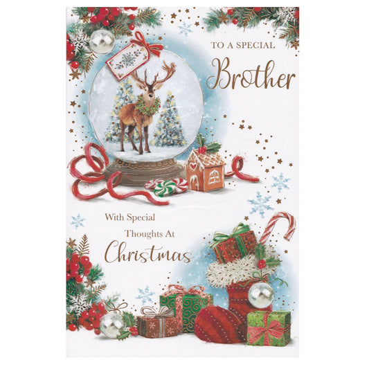 Front of this brother Christmas card features an illustration of a Christmas Reindeer in a snow globe with Christmas themed decorations, paired with a message.