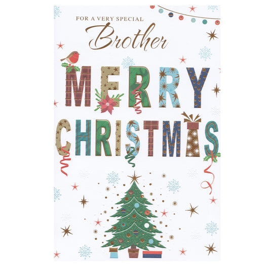 Front of this brother Christmas card features an illustration of a decorated Christmas tree with the text ' FOR A VERY SPECIAL Brother' 'MERRY CHRISTMAS'.