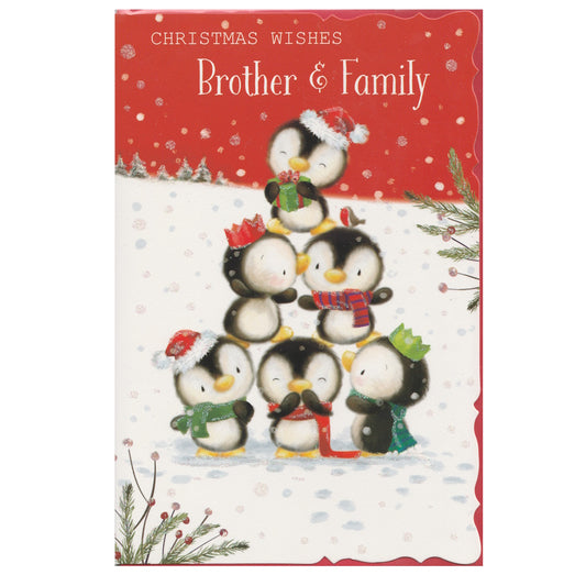 Front of this brother & family Christmas card features an illustration of a stack of penguins wearing Christmas hats, with the text' CHRISTMAS WISHES' 'Brother & Family'.