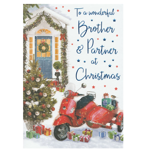 Front of this brother and partner Christmas card features an illustration of a Christmas scene with a motorbike and sidecar, with the text 'To a wonderful Brother & Partner at Christmas'.