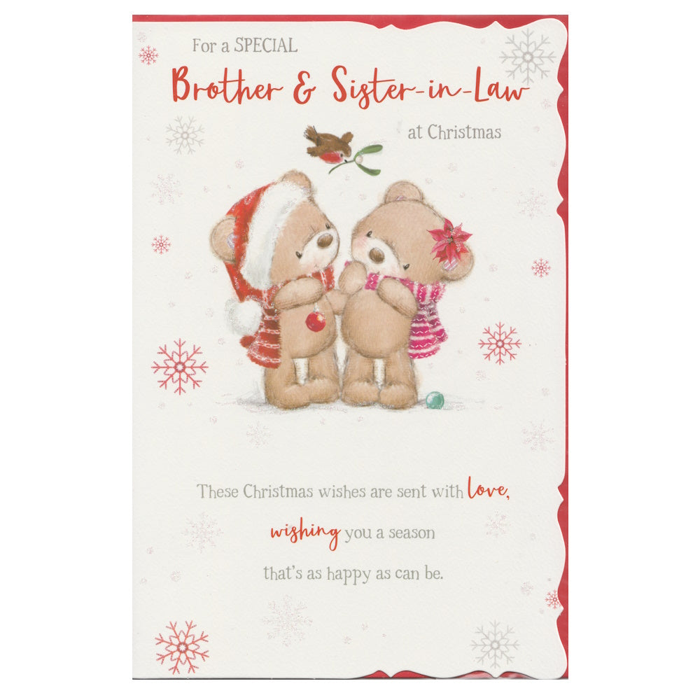 Front of this brother and sister-in-law Christmas card features a illustration of two festive bears with a robin flying over them holding mistletoe, paired with a message.