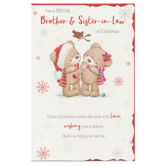 Front of this brother and sister-in-law Christmas card features a illustration of two festive bears with a robin flying over them holding mistletoe, paired with a message.