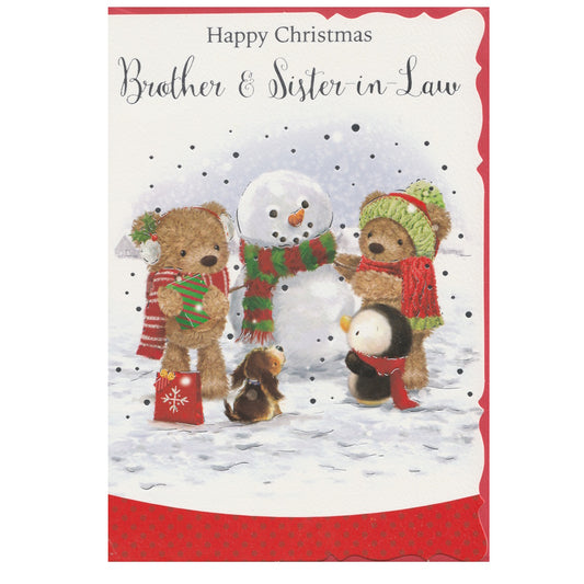 Front of this brother & sister-in-law Christmas card features a illustration of two festive bears, a penguin and a little dog, building a snowman, paired with a message.