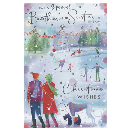 Front of this brother and sister-in-law Christmas card features a illustration of a couple in a Christmas winter scene watching people skating, paired with a message.