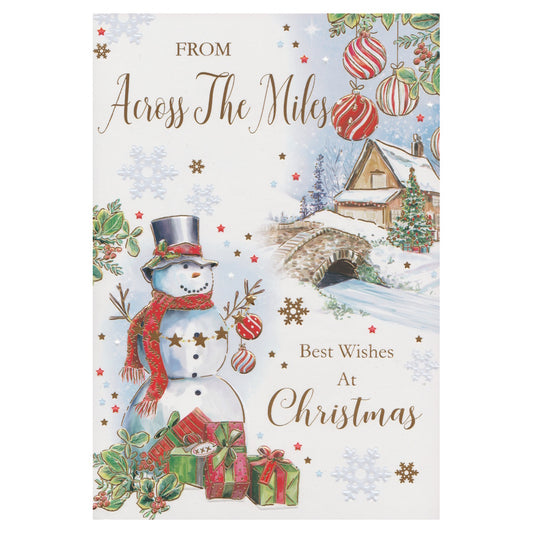 Front of this card features an illustration of a snowman in a Christmas snowy scene, paired with a message.