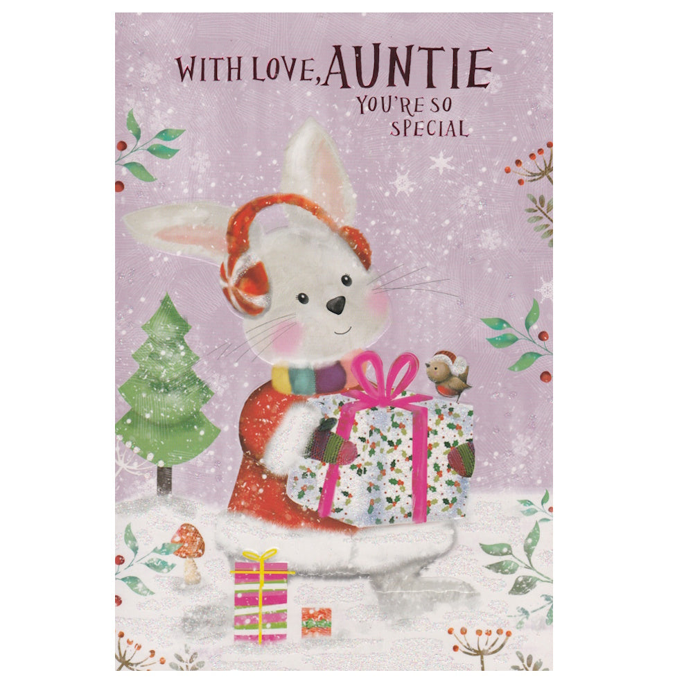 Front of this card features an illustration of a cartoon rabbit wearing ear muffs and holding a wrapped Christmas present, in a snowy scene.