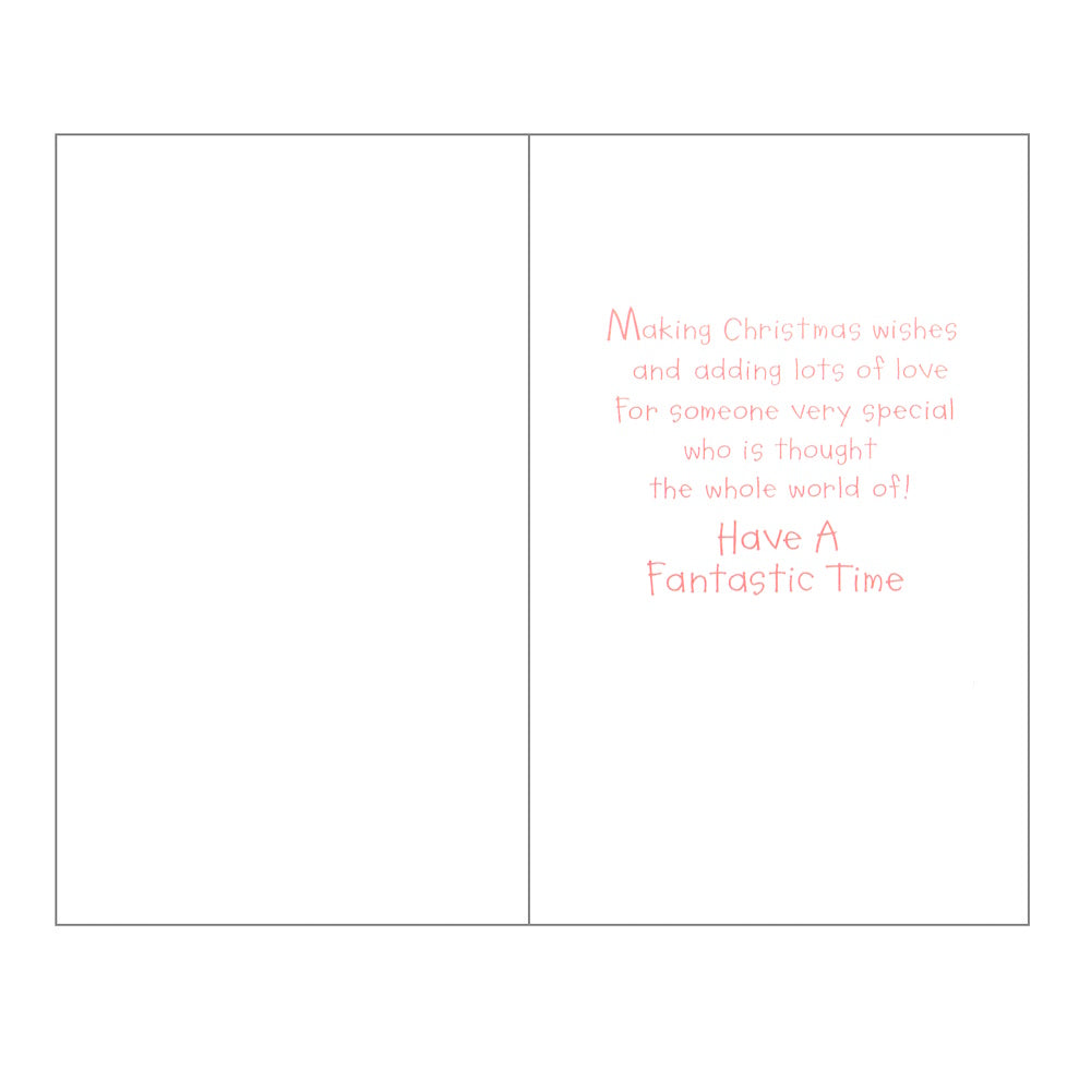 Front of this card features an illustration of bear pulling a sleigh full of Christmas presents, with a robin perched on top, paired with a message.