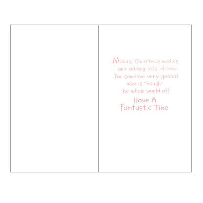 Front of this card features an illustration of bear pulling a sleigh full of Christmas presents, with a robin perched on top, paired with a message.