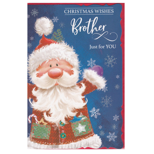 Front of this card features an illustration of father Christmas, with the text 'CHRISTMAS WISHES Brother Just for YOU'.