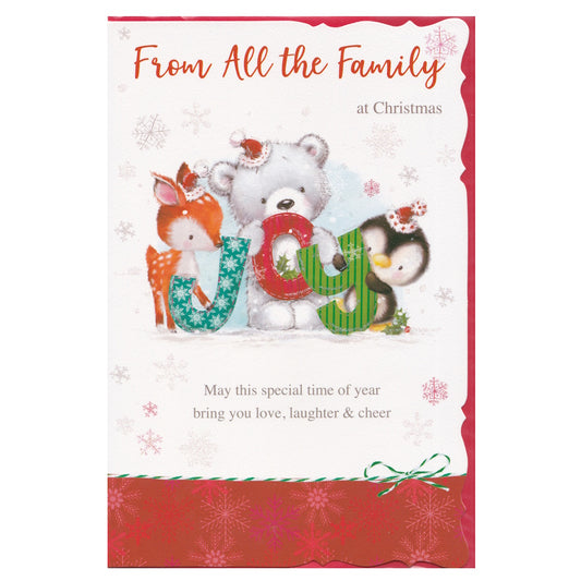 Front of this card features an illustration of a reindeer, teddy bear and penguin with the text 'From All the Family at Christmas', paired with a message.
