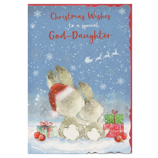 Front of this card features an illustration of two bunnies watching father Christmas flying past in his sleigh, with the text 'Christmas Wishes to a special God-Daughter', 