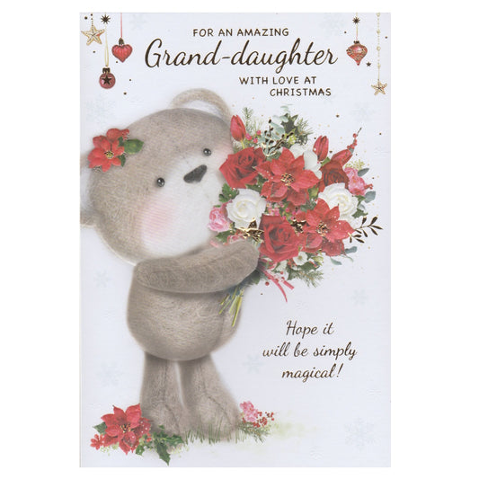 Front of this card features an illustration of a teddy bear holding a large bouquet of flowers, paired with a message.