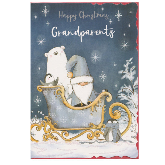 Front of this card features an illustration of a gnome, a polar bear and a penguin sitting in a blue sleigh, paired with a message.