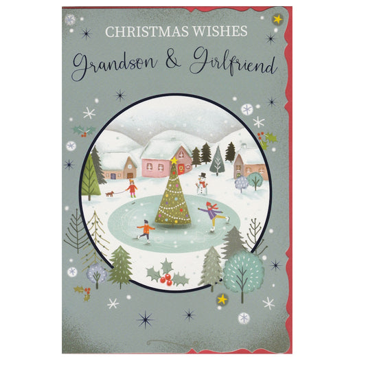 Front of this card features a illustration of a Christmas lake scene with ice skaters, houses and a snowman, paired with a message.
