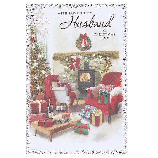 Front of this card features an illustration of a decorated fireplace setting, with a Christmas tree and presents.