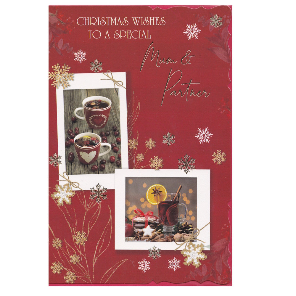 Front of this card features a photo montage of Christmas themed drinks, surrounded by gold and white snowflakes', paired with a message.