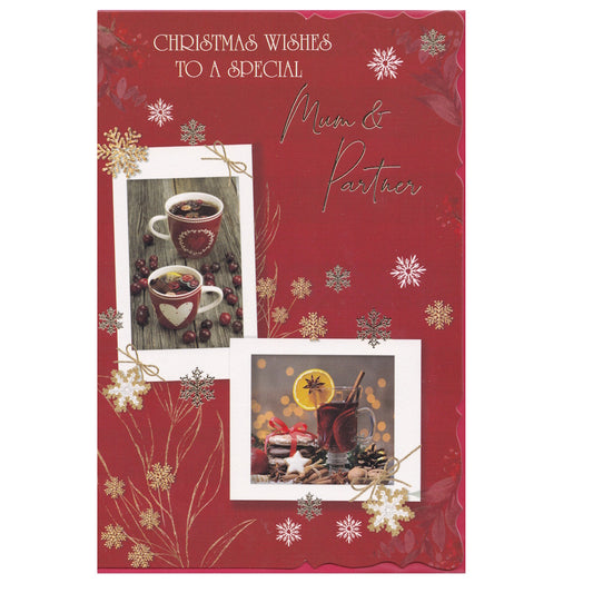 Front of this card features a photo montage of Christmas themed drinks, surrounded by gold and white snowflakes', paired with a message.