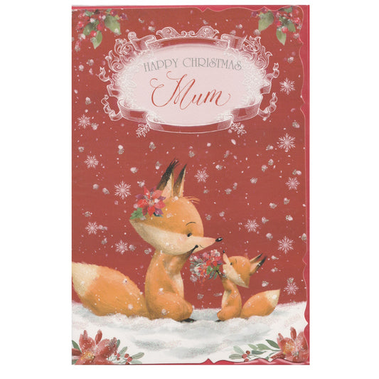 Front of this card features an illustration of two foxes with poinsettia flowers with the text 'HAPPY CHRISTMAS Mum', in a snowy scene, paired with a message.