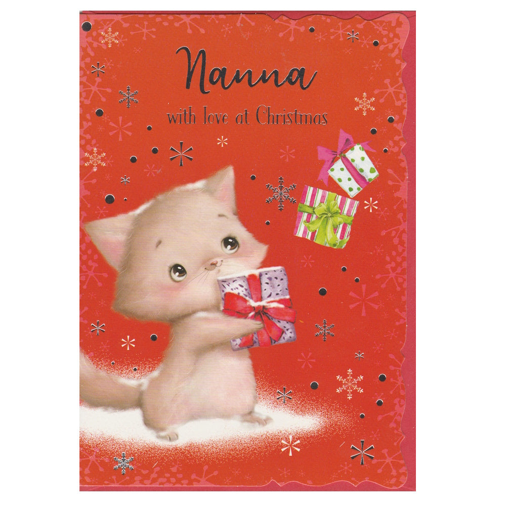 Front of this card features an illustration of a little kitten holding a Christmas present, with the text 'Nanna with love at Christmas'.
