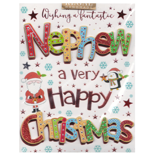 Front of this card features illustrations of Santa, penguins, stars and snowflakes, with the text 'Wishing a fantastic Nephew a very Happy Christmas'.