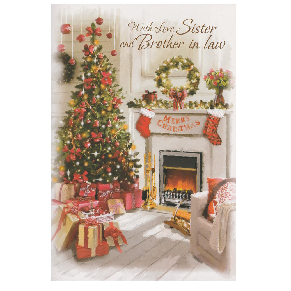 Front of this card features an illustration of a fireplace, with a Christmas tree, paired with a message.