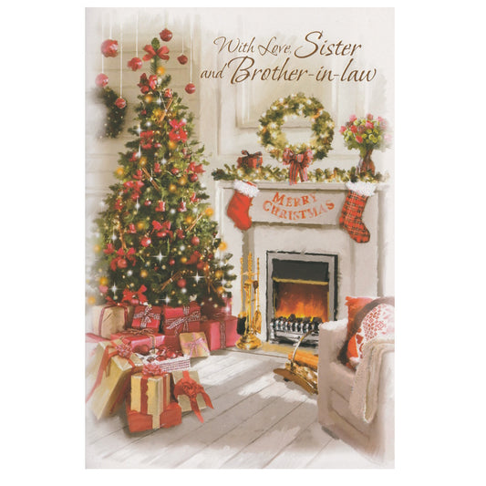 Front of this card features an illustration of a fireplace, with a Christmas tree, paired with a message.