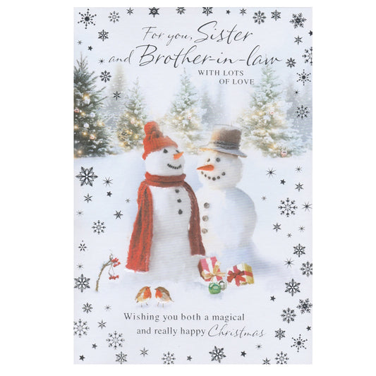 Front of this card features an illustration of a snowman, snowwoman couple and snow topped Christmas trees, paired with a message.