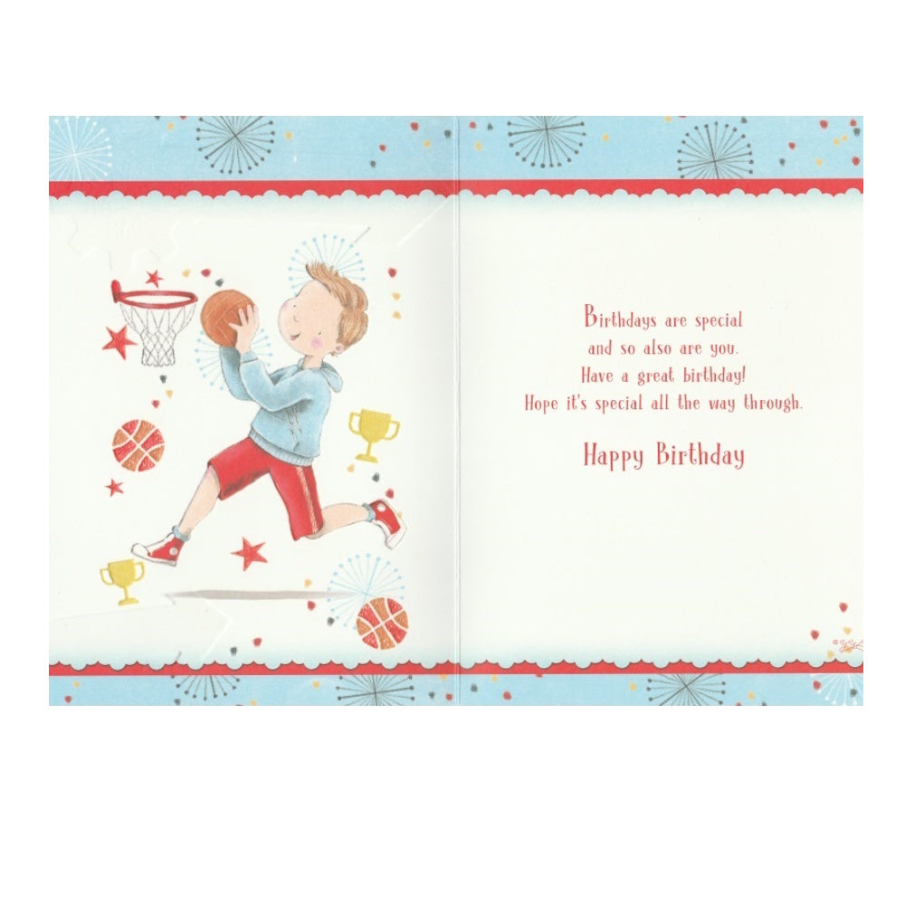 Front of this cousin birthday card features a boy playing basketball with the text 'For A Dear Cousin' and 'Have a Great Day' 'Have Fun'.
