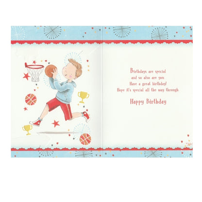 Front of this cousin birthday card features a boy playing basketball with the text 'For A Dear Cousin' and 'Have a Great Day' 'Have Fun'.