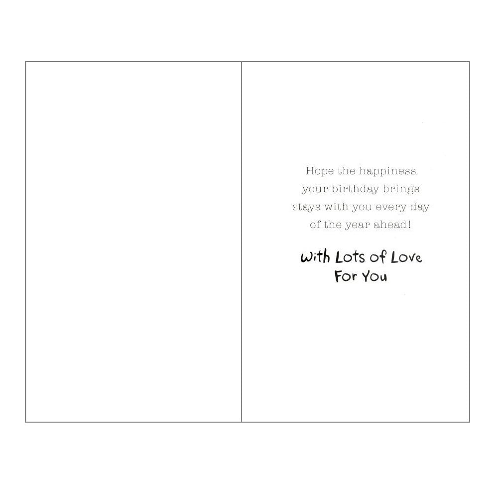 Front of this card features an illustration of a bear sitting among postage stamps and gifts, paired with a message.