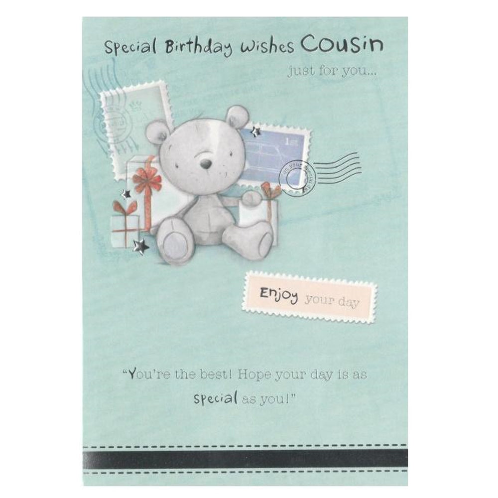 Front of this card features an illustration of a bear sitting among postage stamps and gifts, paired with a message.