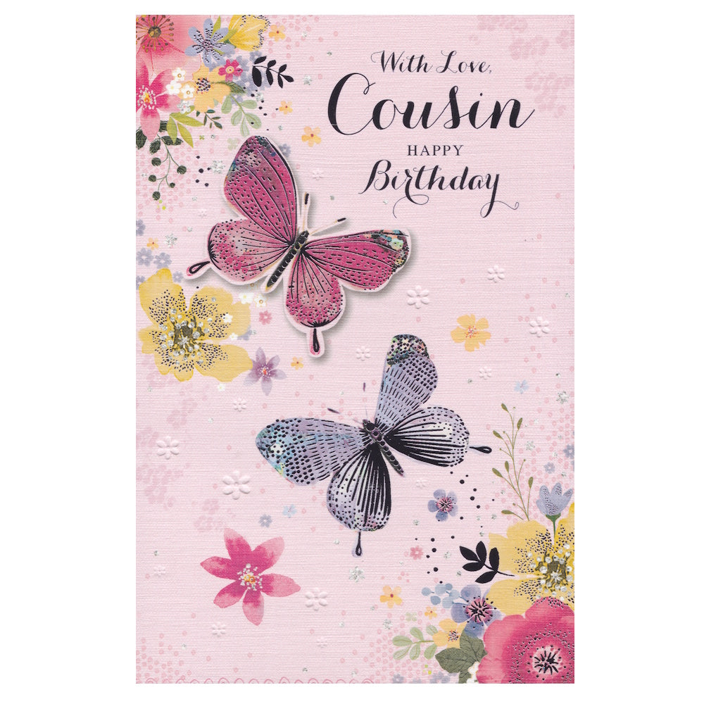 Front of this card features an illustration of butterflies and flowers on a pink background, paired with a message.