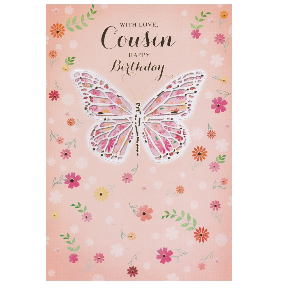 Front of this card features an illustration of a large butterfly in the center, surrounded by various small flowers with the text 'With Love, Cousin Happy Birthday'.