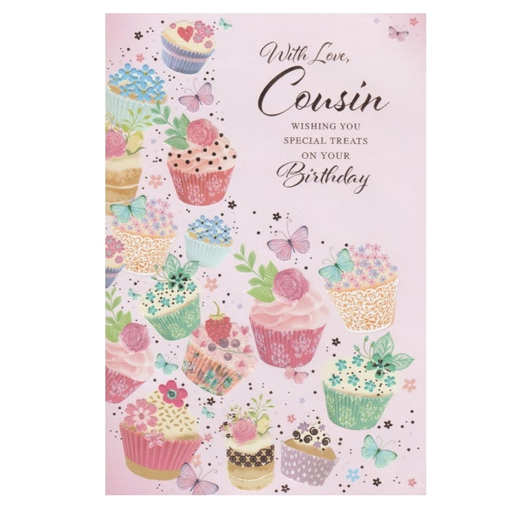 Front of this birthday card features an illustration of cupcakes and butterflies, paired with a message, as shown in product photo.