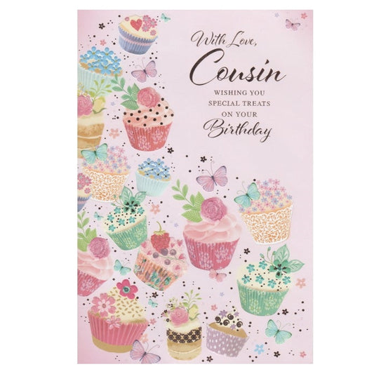 Front of this birthday card features an illustration of cupcakes and butterflies, paired with a message, as shown in product photo.