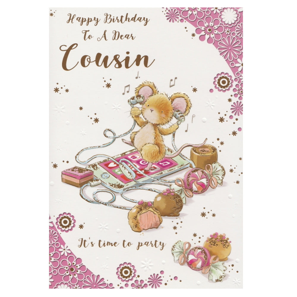 Front of this birthday card features an illustration of a cartoon mouse with a birthday cake and the text 'Happy Birthday To A Dear Cousin. It's time to party!' set against a floral patterned background.