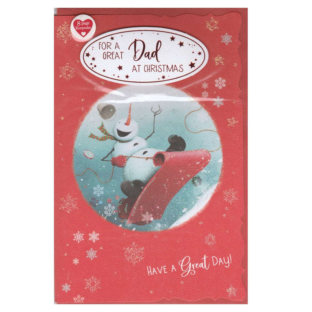 Front of this dad Christmas card (8 page) features an illustration of a snowman wearing on a striped scarf, on a red sledge, paired with a message.