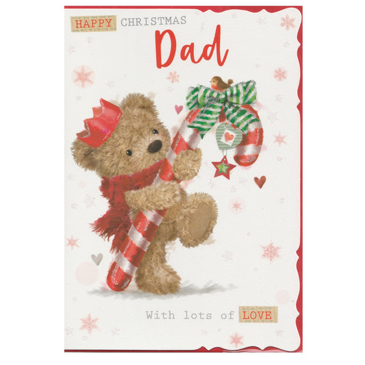 Front of this dad Christmas card features an illustration of a teddy bear holding a large candy cane with a bow and robin perched on the top, paired with a message.