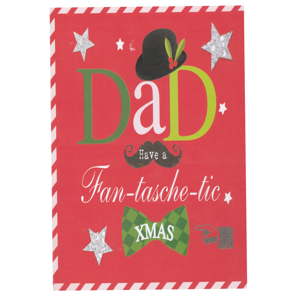 Front of this dad christmas greeting card features illustrations of a top hat, moustache and bow-tie, paired with a message.