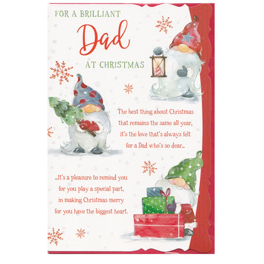 Front of this dad Christmas card features an illustration of Christmas themed gnomes, paired with a message.