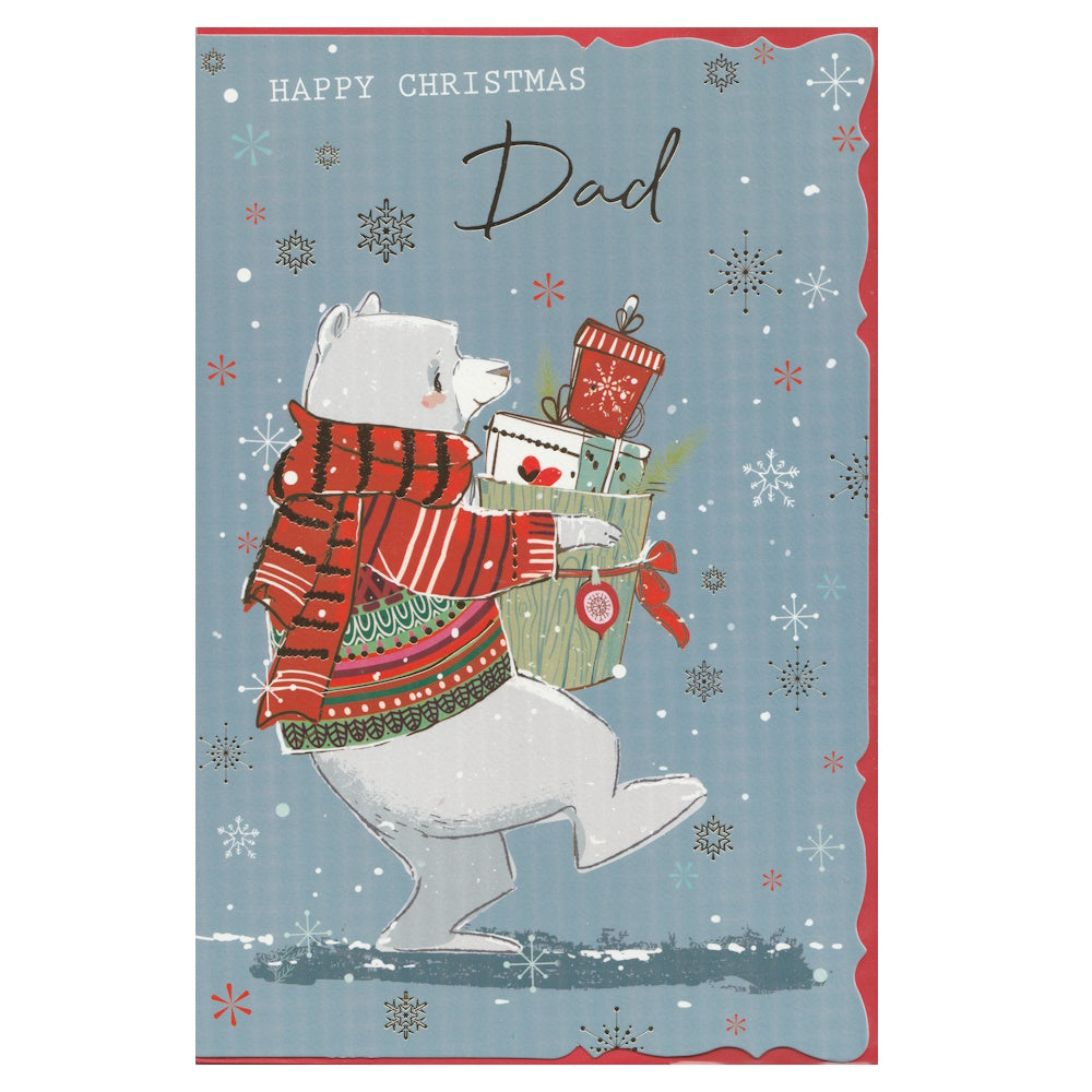 Front of this dad Christmas card features an illustration of a polar bear wearing a striped jumper carrying a basket of Christmas presents, paired with a message.