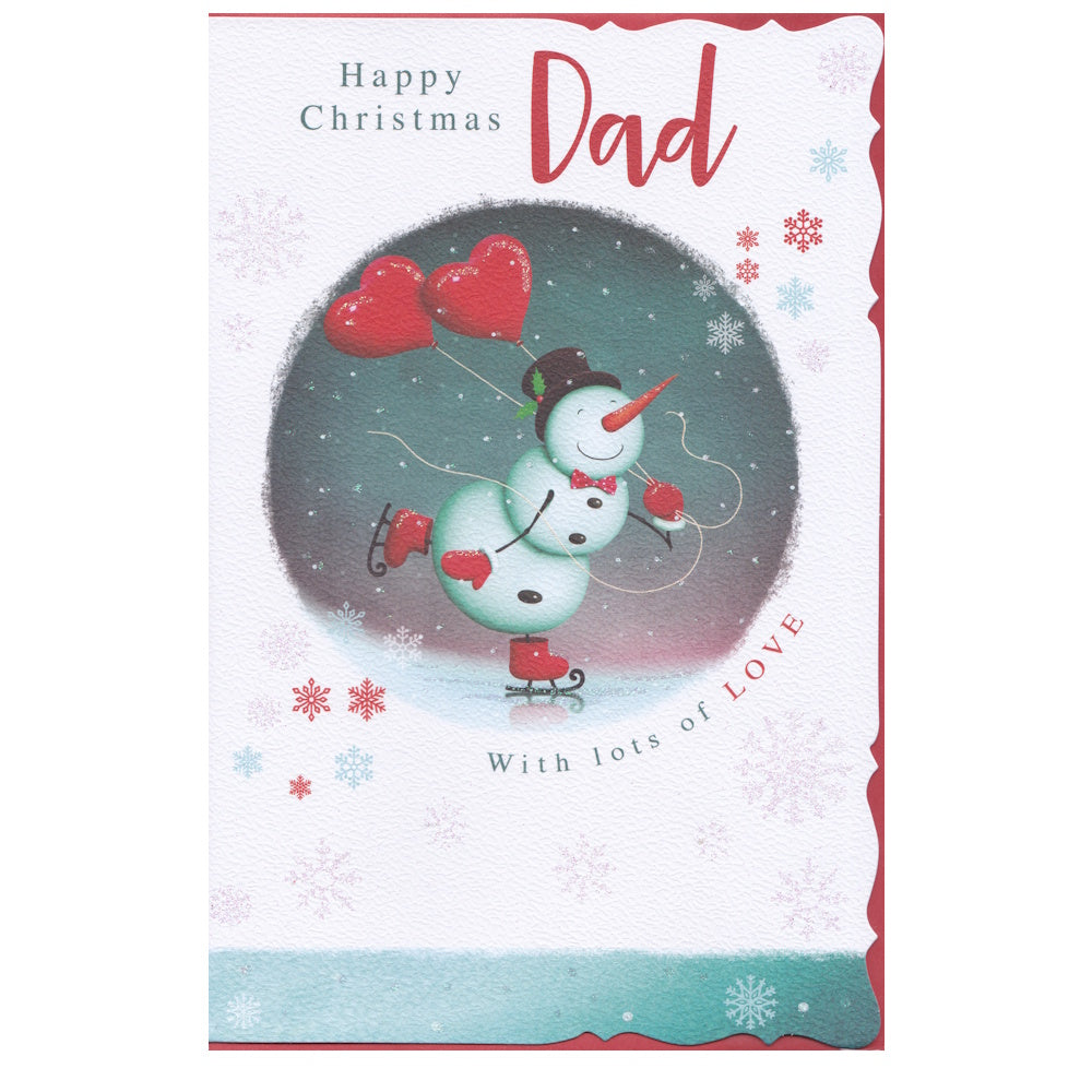 Front of this dad Christmas card features an illustration of a snowman ice-skating holding two red heart balloons, paired with a message.