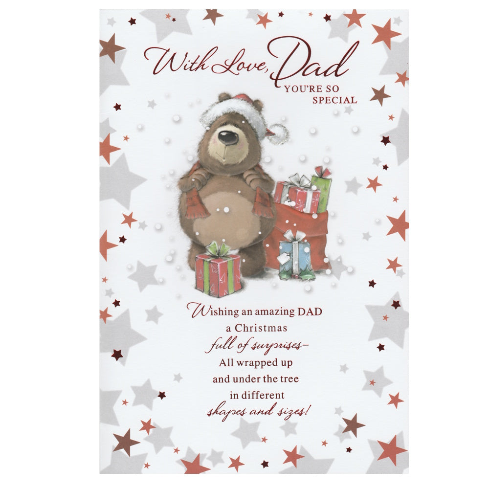 Front of this card features a illustration of a teddy bear wearing a Santa's hat and stood next to a Christmas sack of gifts, surrounded by stars, paired with a message.