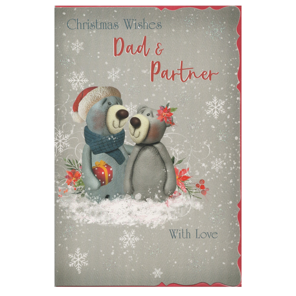 Front of this dad and partner Christmas card features an illustration of two bears sat on a snow bank with poinsettia flowers, with the text 'Christmas Wishes Dad & Partner' 'With Love'.