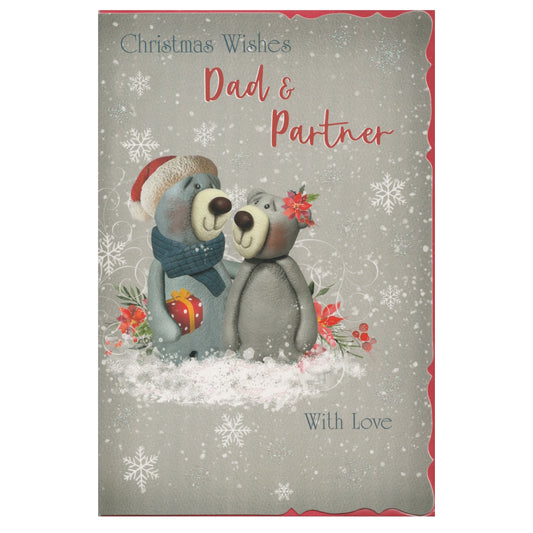 Front of this dad and partner Christmas card features an illustration of two bears sat on a snow bank with poinsettia flowers, with the text 'Christmas Wishes Dad & Partner' 'With Love'.