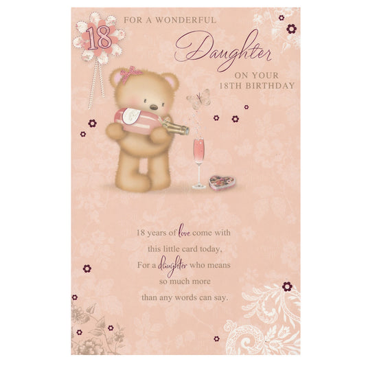 Front of this card features an illustration of a teddy bear pouring pink champagne into a flute glass, paired with a message.